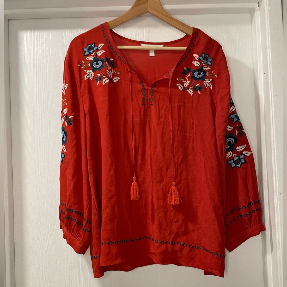 Garnet Hill Embroidered Long Sleeve Blouse. Size L